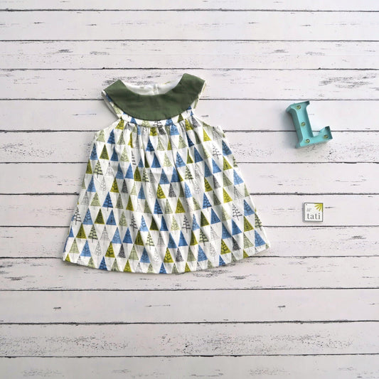 Silene Dress in White Trees and Green Linen