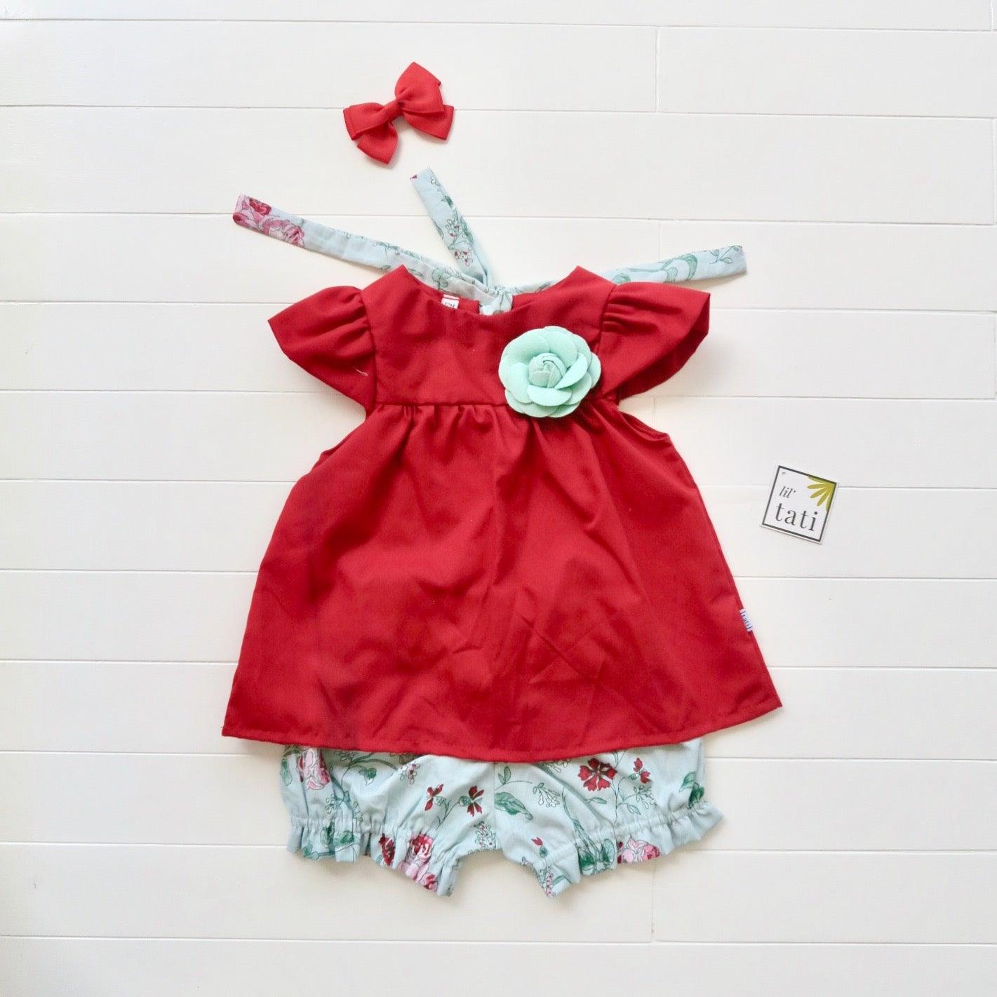 Roza Top & Shorts in Red Cotton and Mint Floral - Lil' Tati