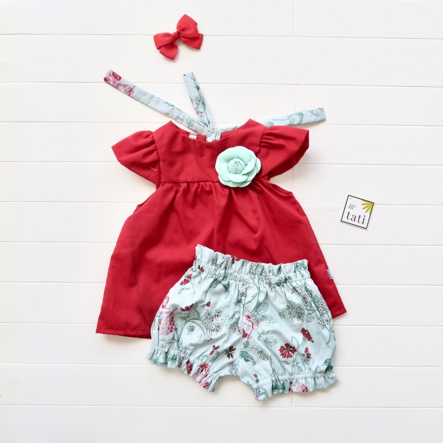 Roza Top & Shorts in Red Cotton and Mint Floral - Lil' Tati
