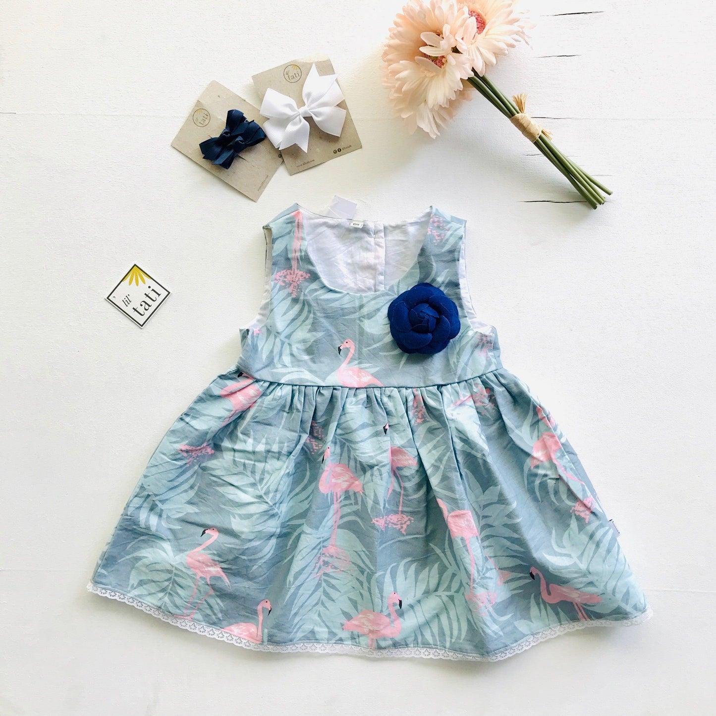 Iris Dress in Flamingo Summer - Blue - Lil' Tati