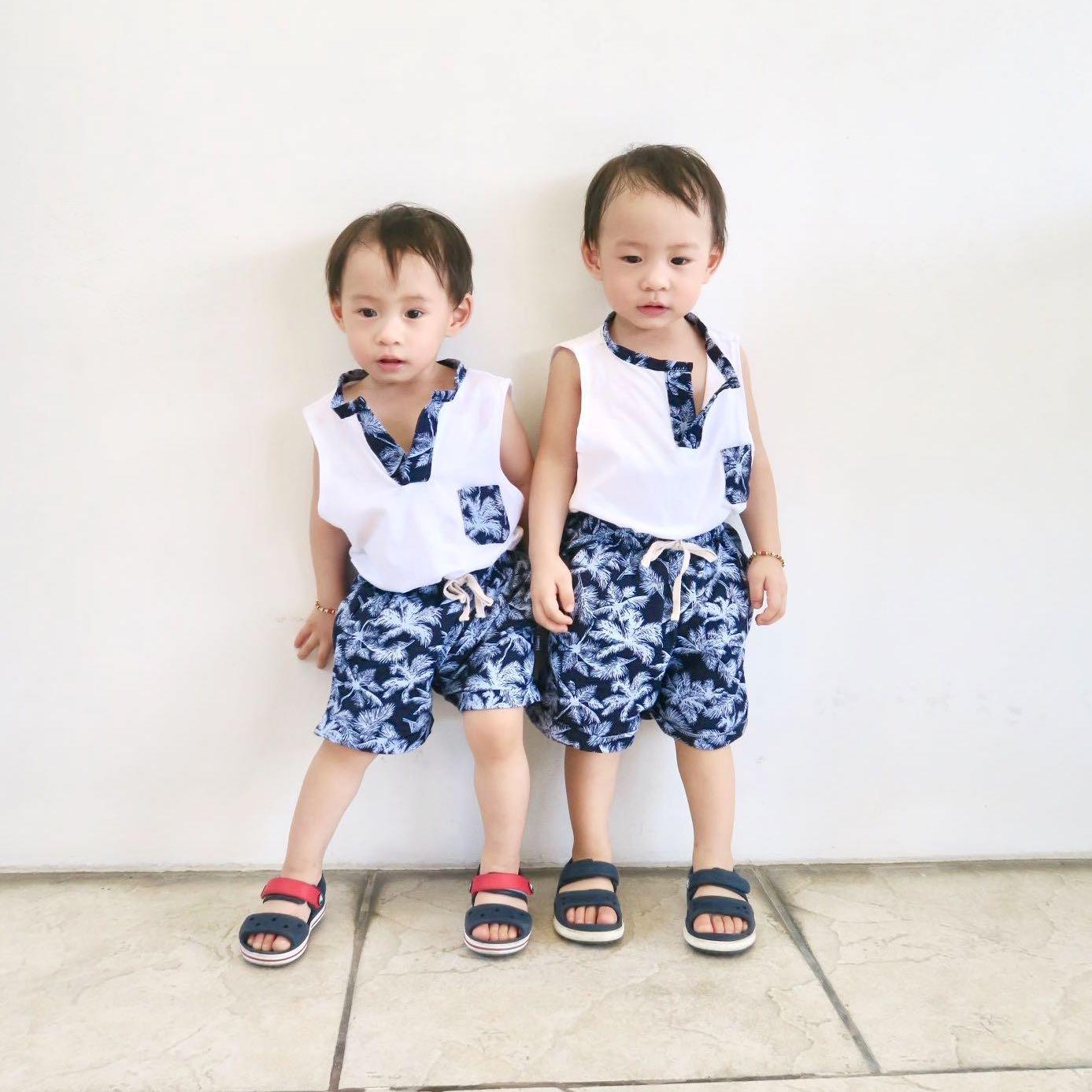 Caper Sleeveless Top & Shorts in Navy Coconut Trees Print and Gray Stretch - Lil' Tati