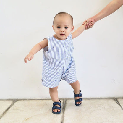 Oak Playsuit in Navy Stretch and Musical Notes White Print - Lil' Tati