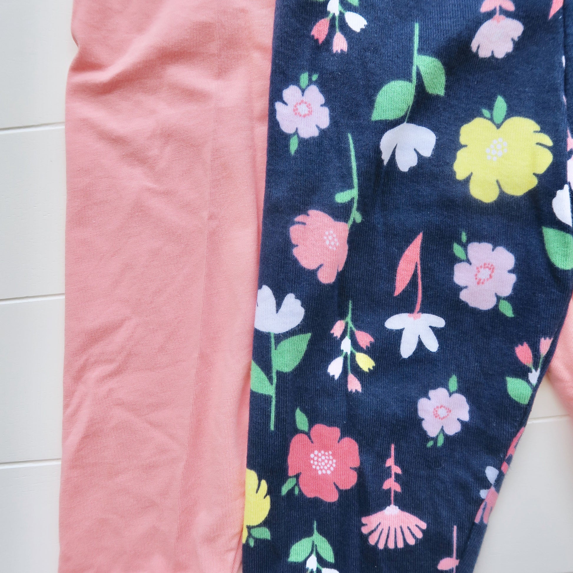Set of 2 Cotton Stretch Leggings - Pink & Navy Flowers - Lil' Tati