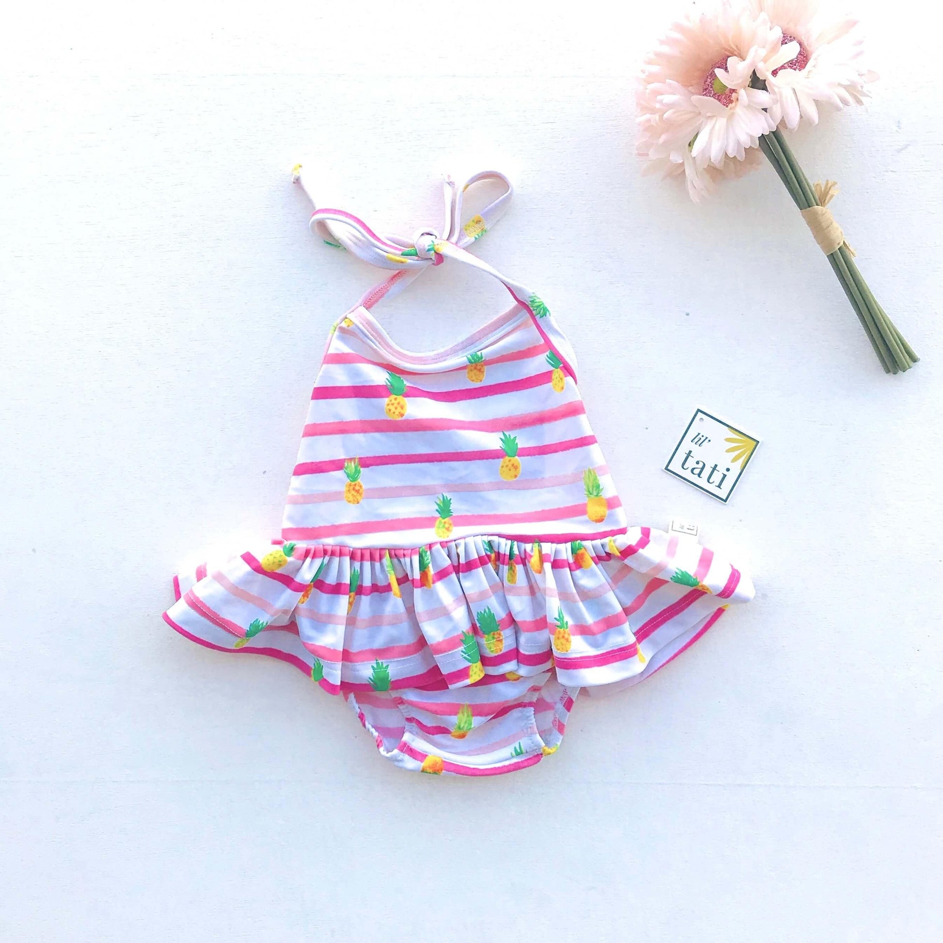 Berry Swimsuit with Tie-Straps in Pineapple Pink Stripes Print - Lil' Tati