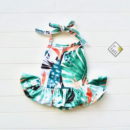 Berry Swimsuit with Tie-Straps in Tropical Leaves Print - Lil' Tati