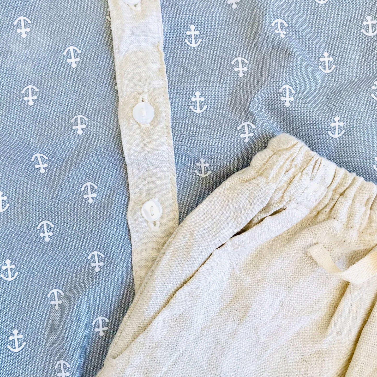 Birch Top & Shorts in Anchor Gray and Beige Linen - Lil' Tati