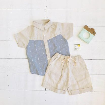 Birch Top & Shorts in Anchor Gray and Beige Linen - Lil' Tati