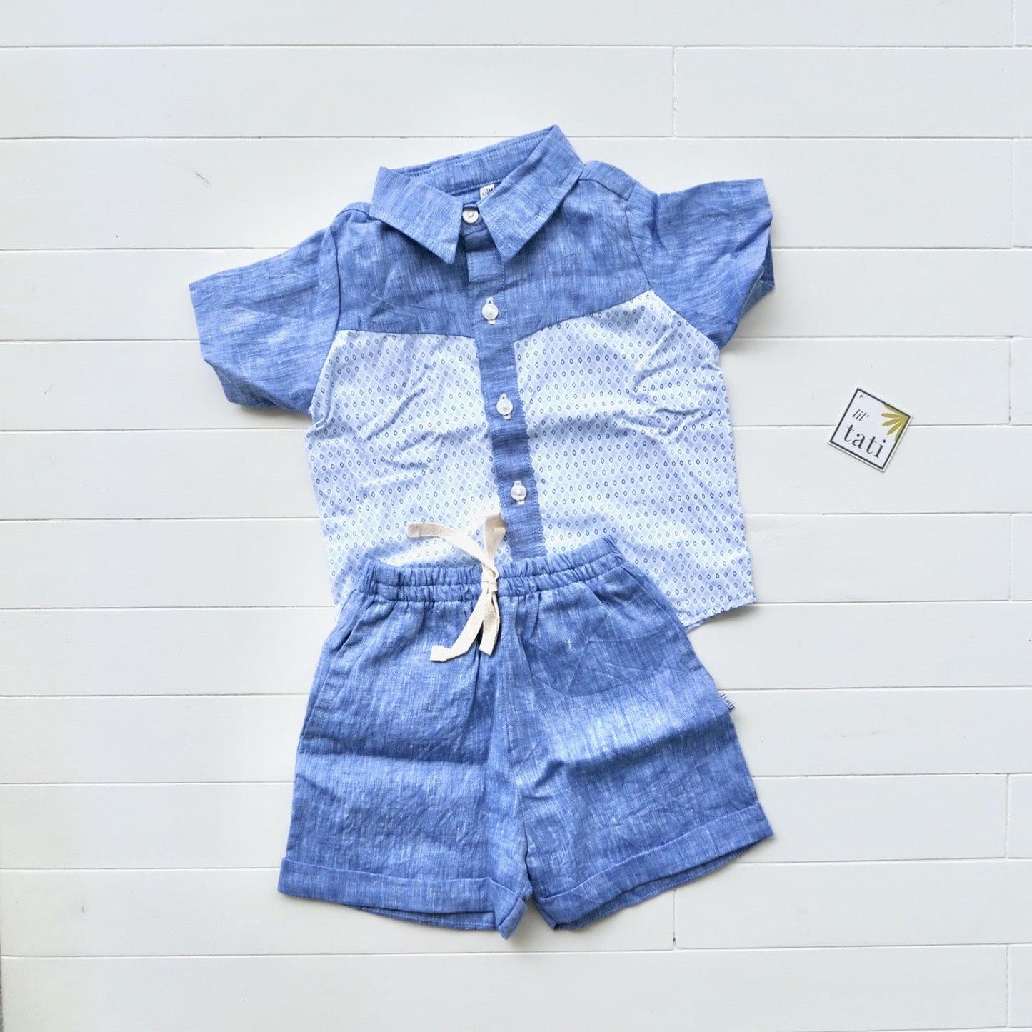 Birch Top & Shorts in Blue Diamond Print & Blue Linen - Lil' Tati