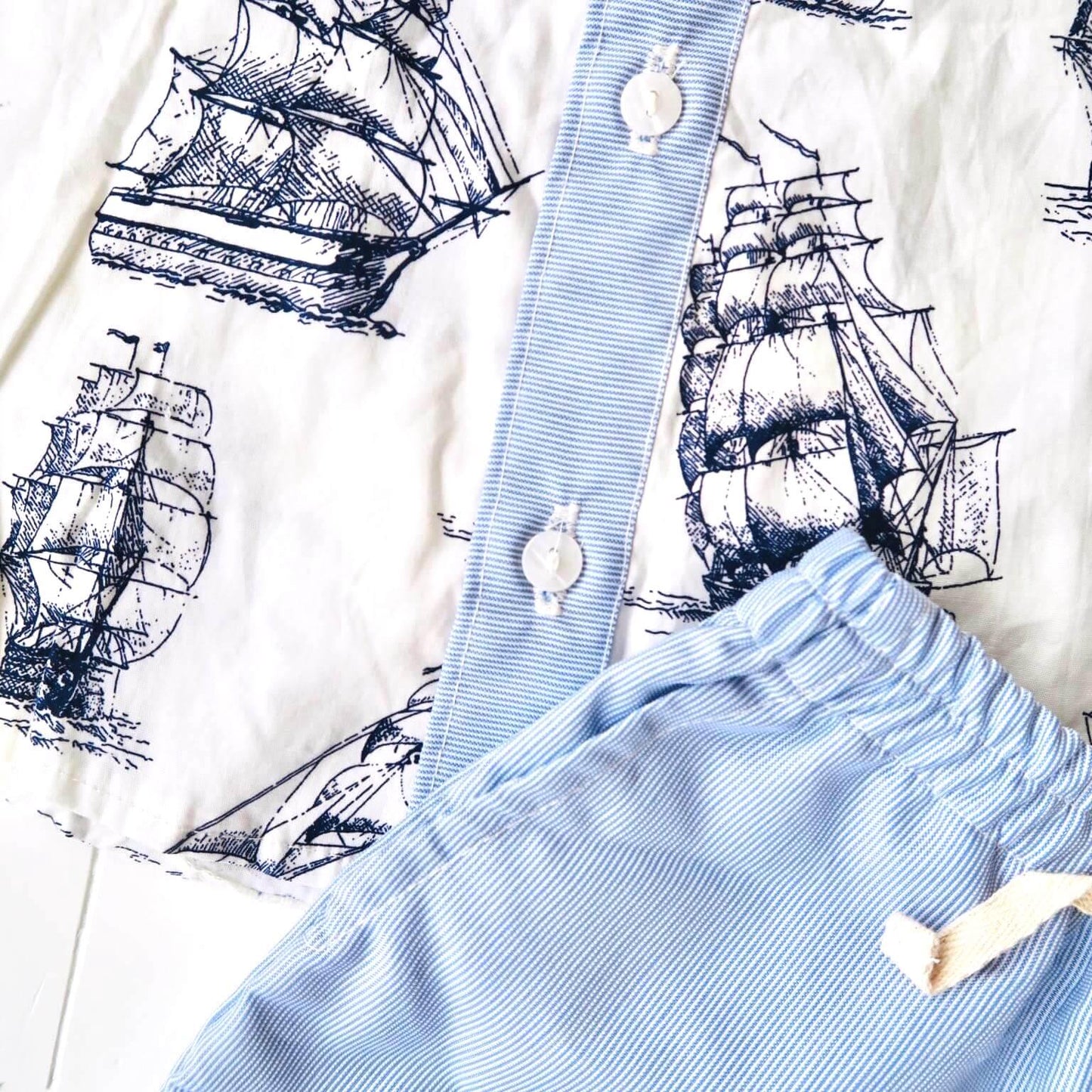 Birch Top & Shorts in Galleon White and Light Blue Pinstripes - Lil' Tati