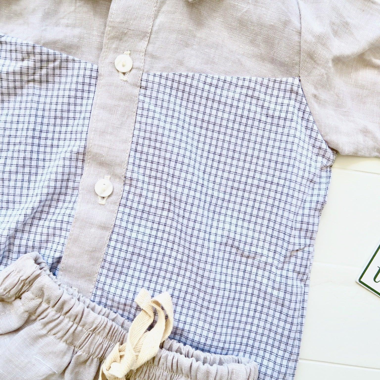 Birch Top & Shorts in Graphite Checkered and Light Gray Linen - Lil' Tati