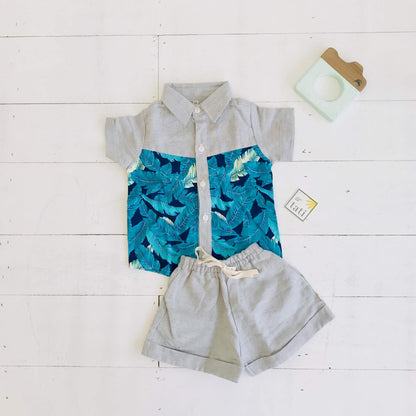 Birch Top & Shorts in Hawaiian Blue Leaves Print & Gray Linen - Lil' Tati