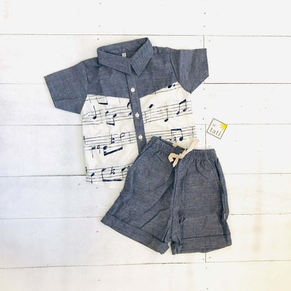 Birch Top & Shorts in Musical Notes White & Gray Linen - Lil' Tati