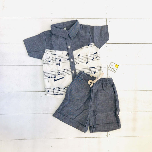 Birch Top & Shorts in Musical Notes White & Gray Linen - Lil' Tati