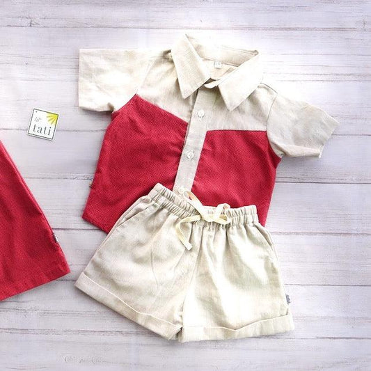 Birch Top & Shorts in Red Diamond and Beige Linen - Lil' Tati