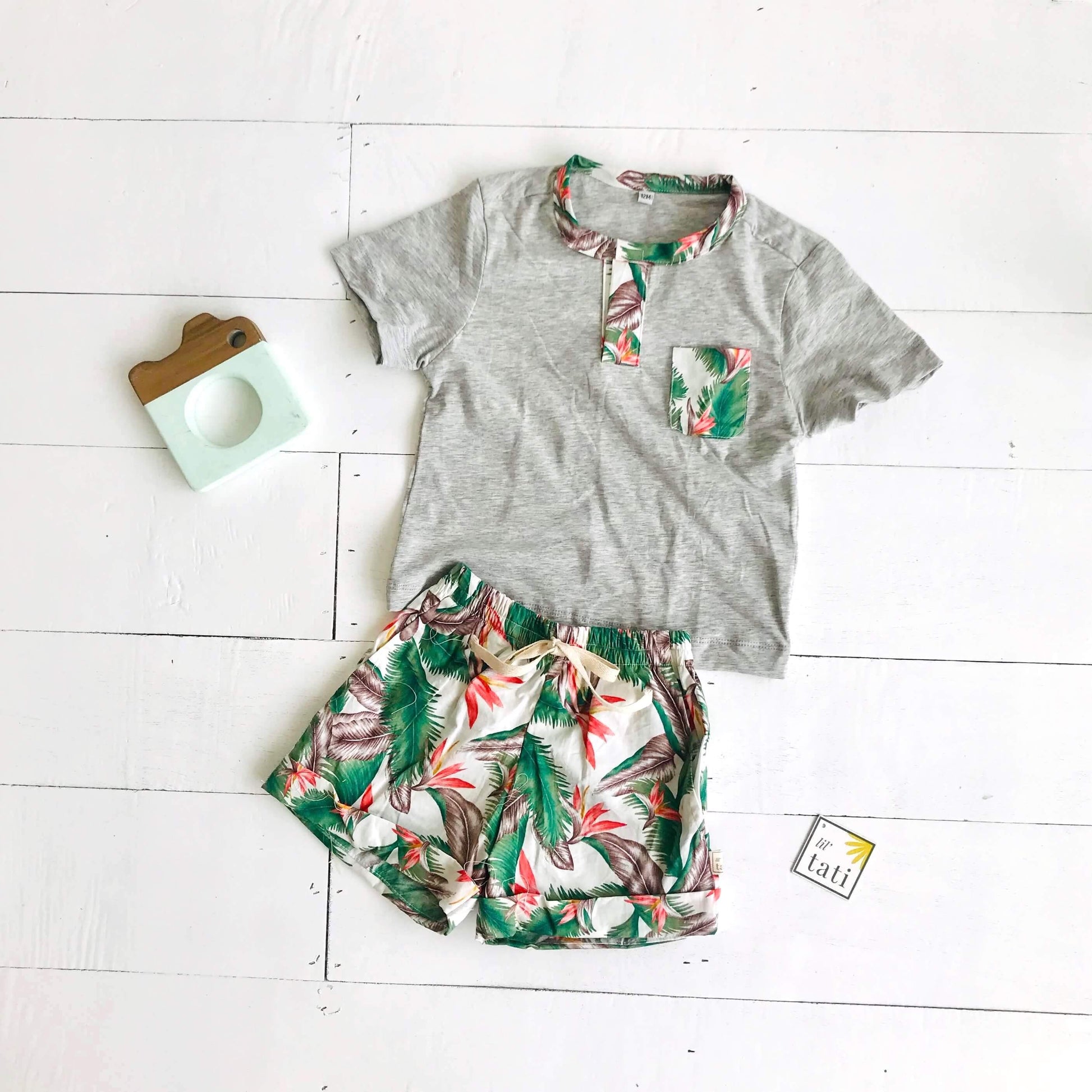 Caper Top & Shorts in Birds of Paradise and Gray Stretch - Lil' Tati