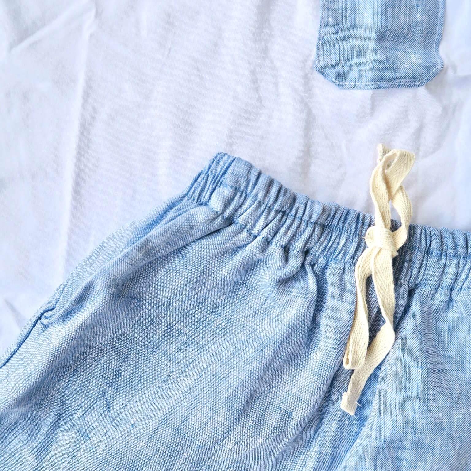 Caper Top & Shorts in Blue Linen and White Stretch - Lil' Tati