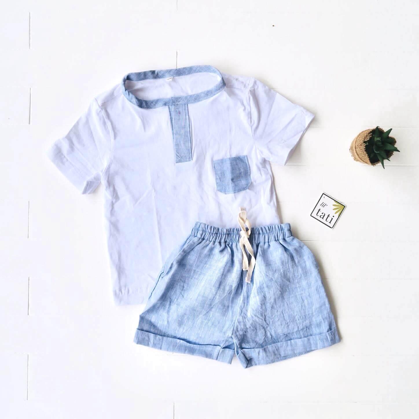 Caper Top & Shorts in Blue Linen and White Stretch - Lil' Tati