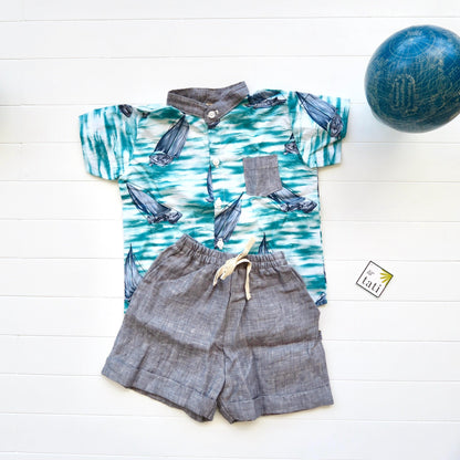 Cedar Top & Shorts in Bluegreen Sailboat and Gray Linen - Lil' Tati