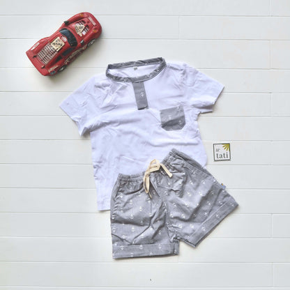 Caper Top & Shorts in Anchor Gray and White Stretch - Lil' Tati