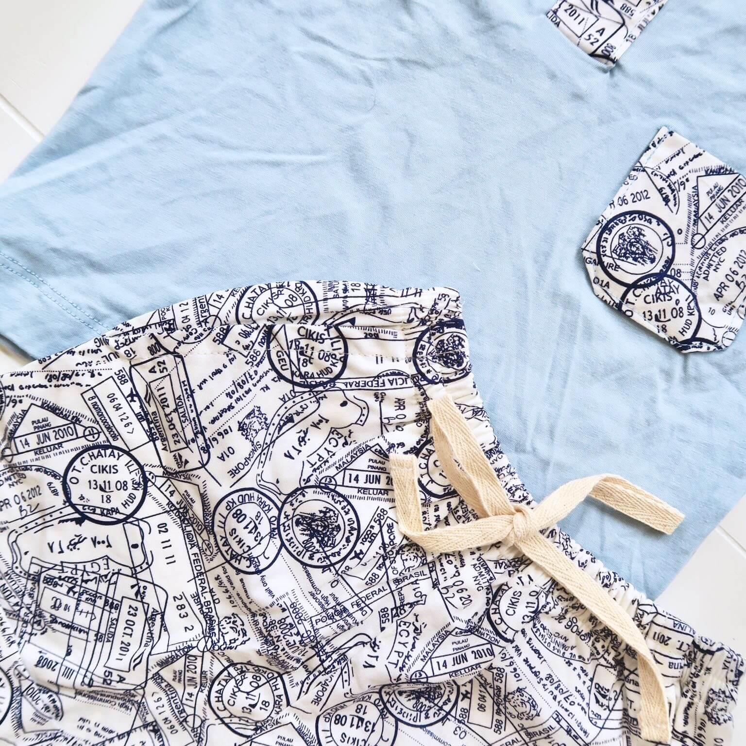 Caper Top & Shorts in Mail Stamps and Light Blue Stretch - Lil' Tati