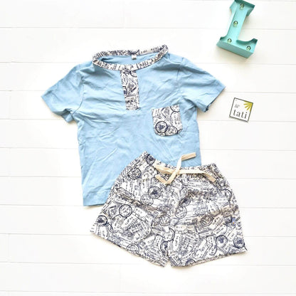 Caper Top & Shorts in Mail Stamps and Light Blue Stretch - Lil' Tati