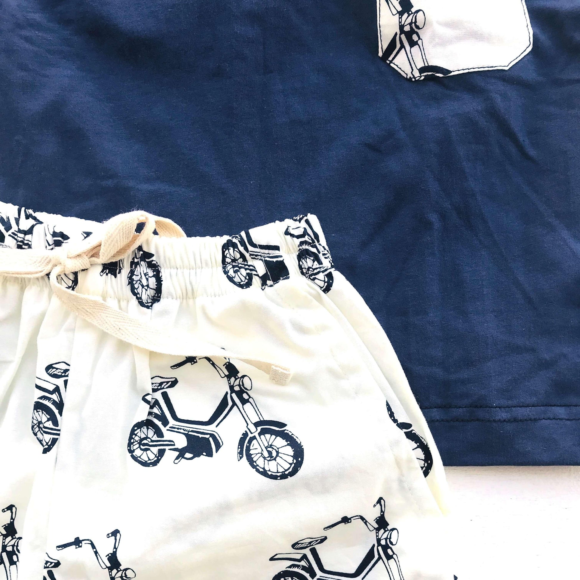 Caper Top & Shorts in Motorcycle White and Navy Stretch - Lil' Tati
