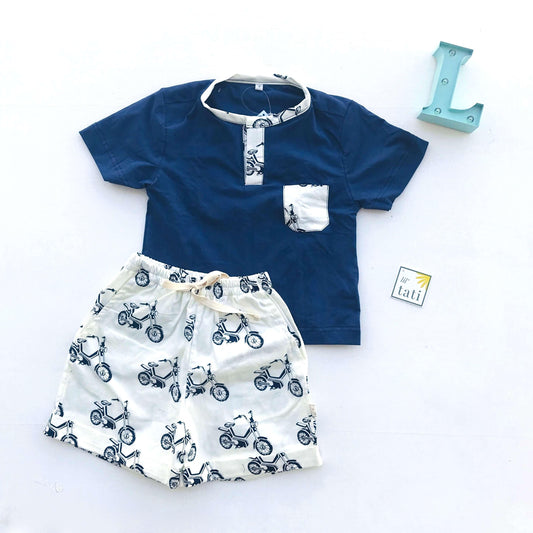 Caper Top & Shorts in Motorcycle White and Navy Stretch - Lil' Tati