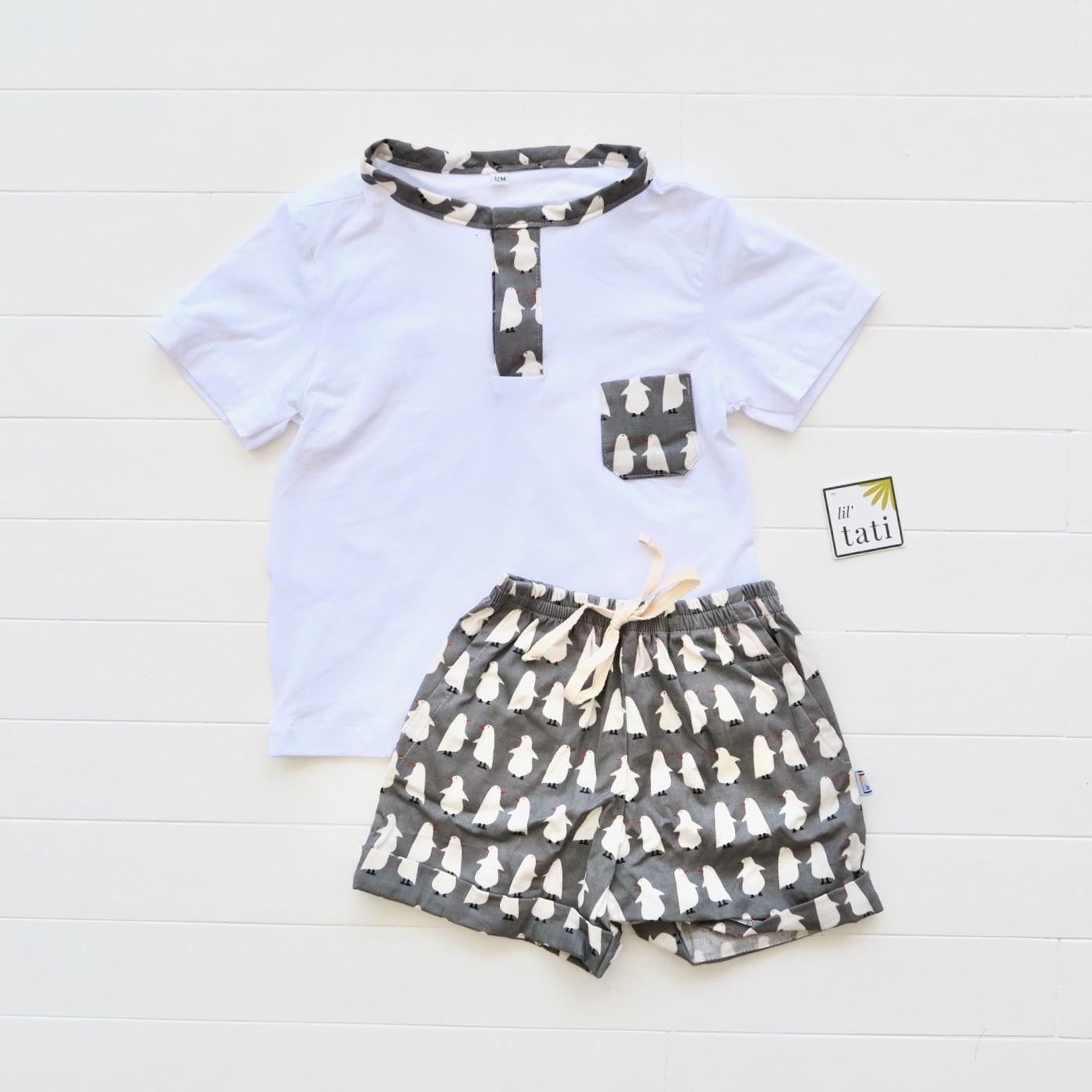 Caper Top & Shorts in Penguin Gray Print and White Stretch - Lil' Tati