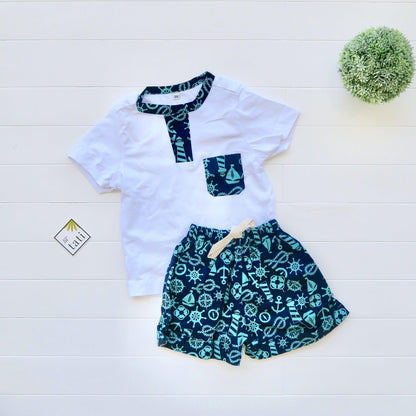 Caper Top & Shorts in Sailor Navy Cyan and White Stretch - Lil' Tati