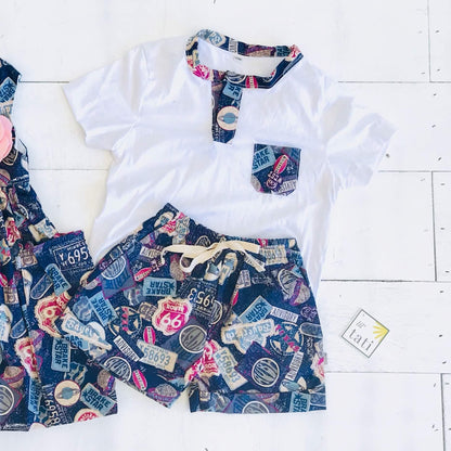 Caper Top & Shorts in Signage Navy Print and White Stretch - Lil' Tati