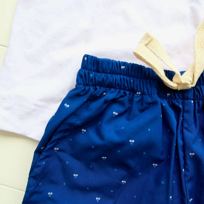 Caper Top & Shorts in Tiny Diamonds Blue and White Stretch - Lil' Tati