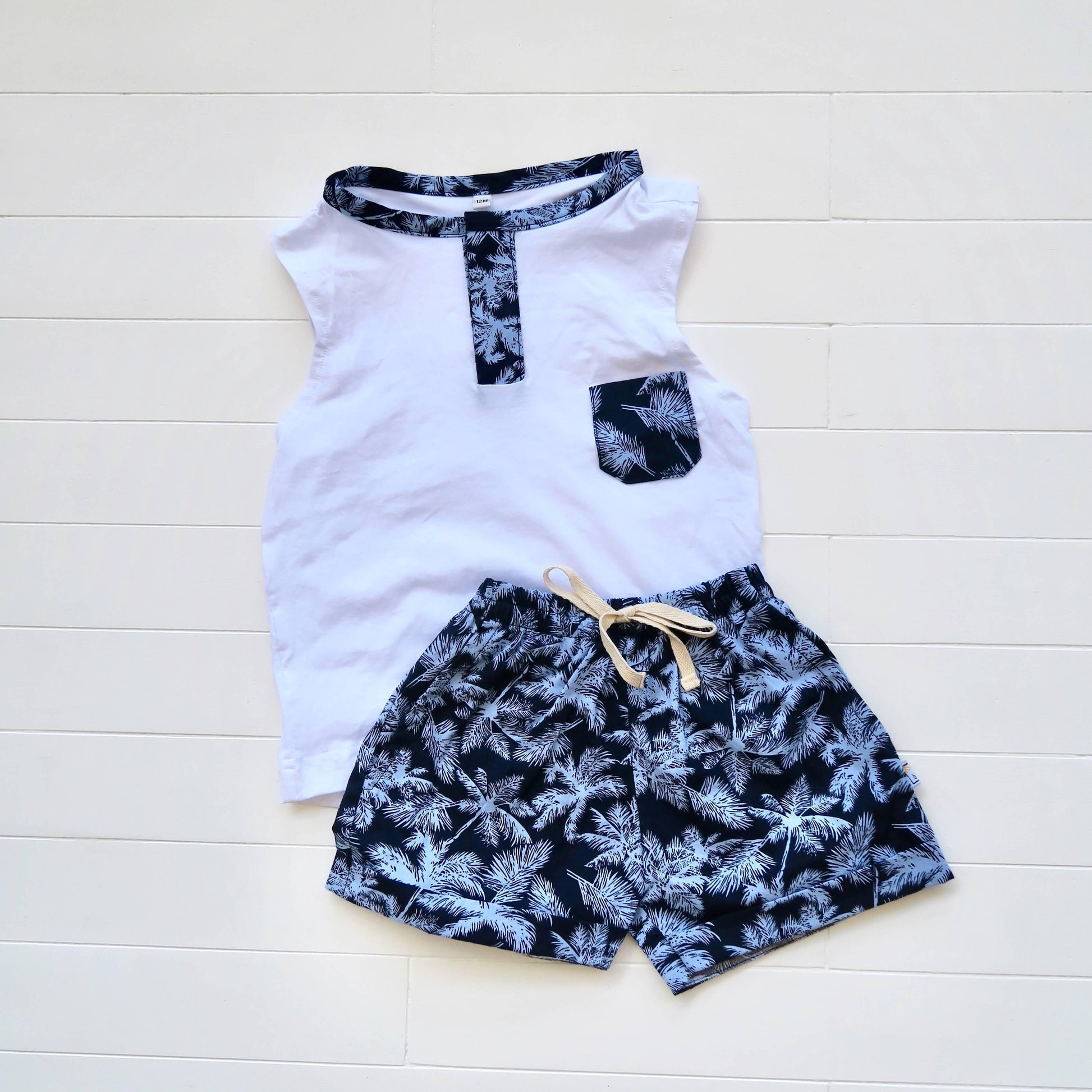 Caper Sleeveless Top & Shorts in Blue Coconut Trees and White Stretch - Lil' Tati