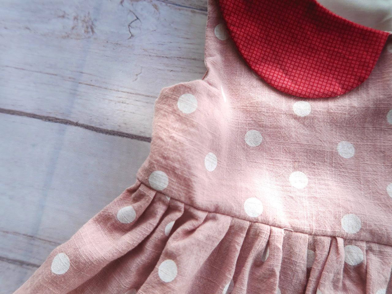 Carrie Dress in Pink Polka & Red Linen - Lil' Tati