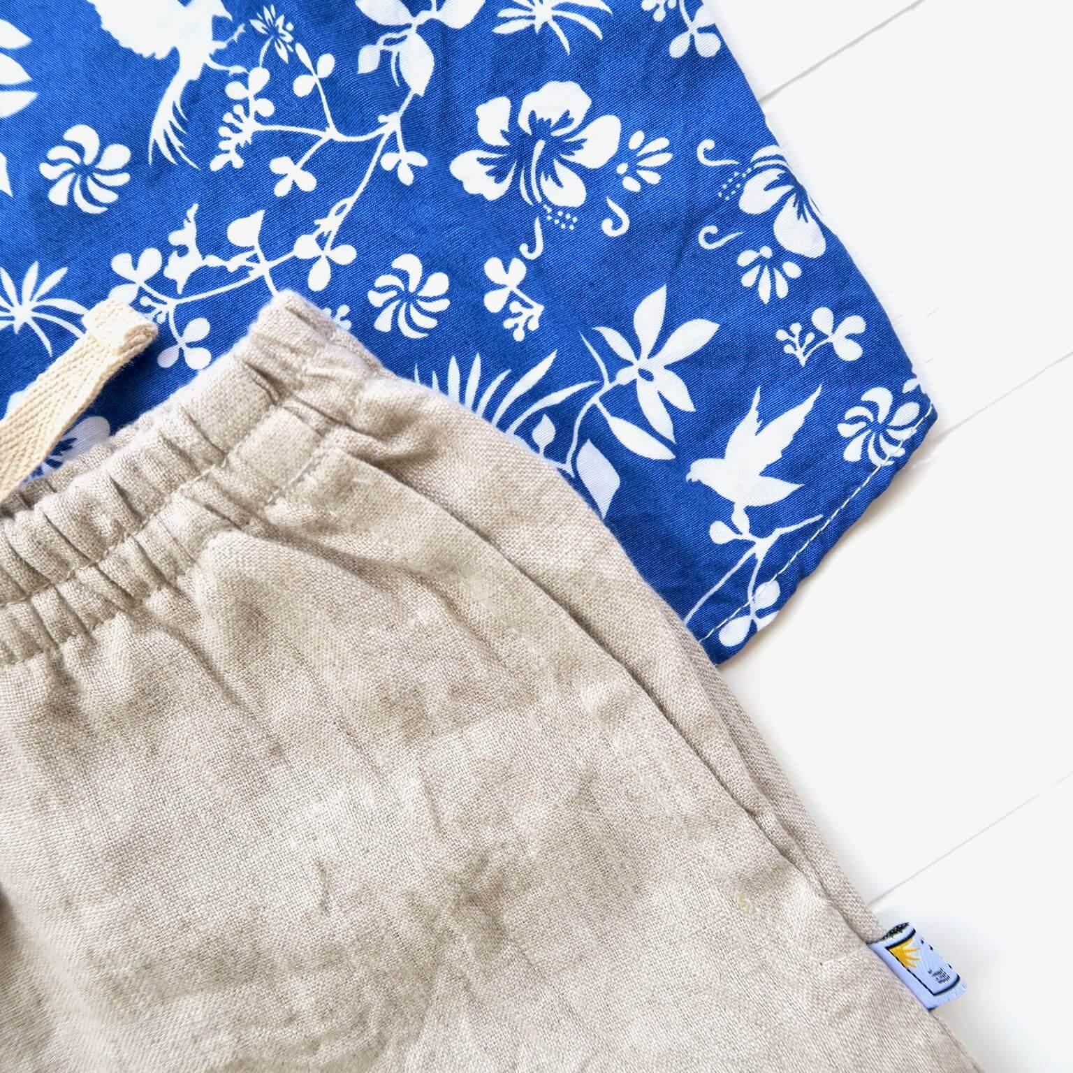 Cedar Top & Shorts in Blue Bird Garden and Brown Linen - Lil' Tati