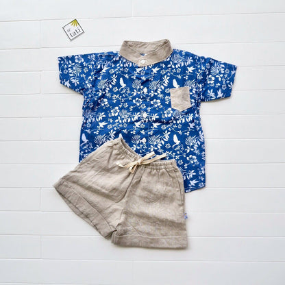 Cedar Top & Shorts in Blue Bird Garden and Brown Linen - Lil' Tati
