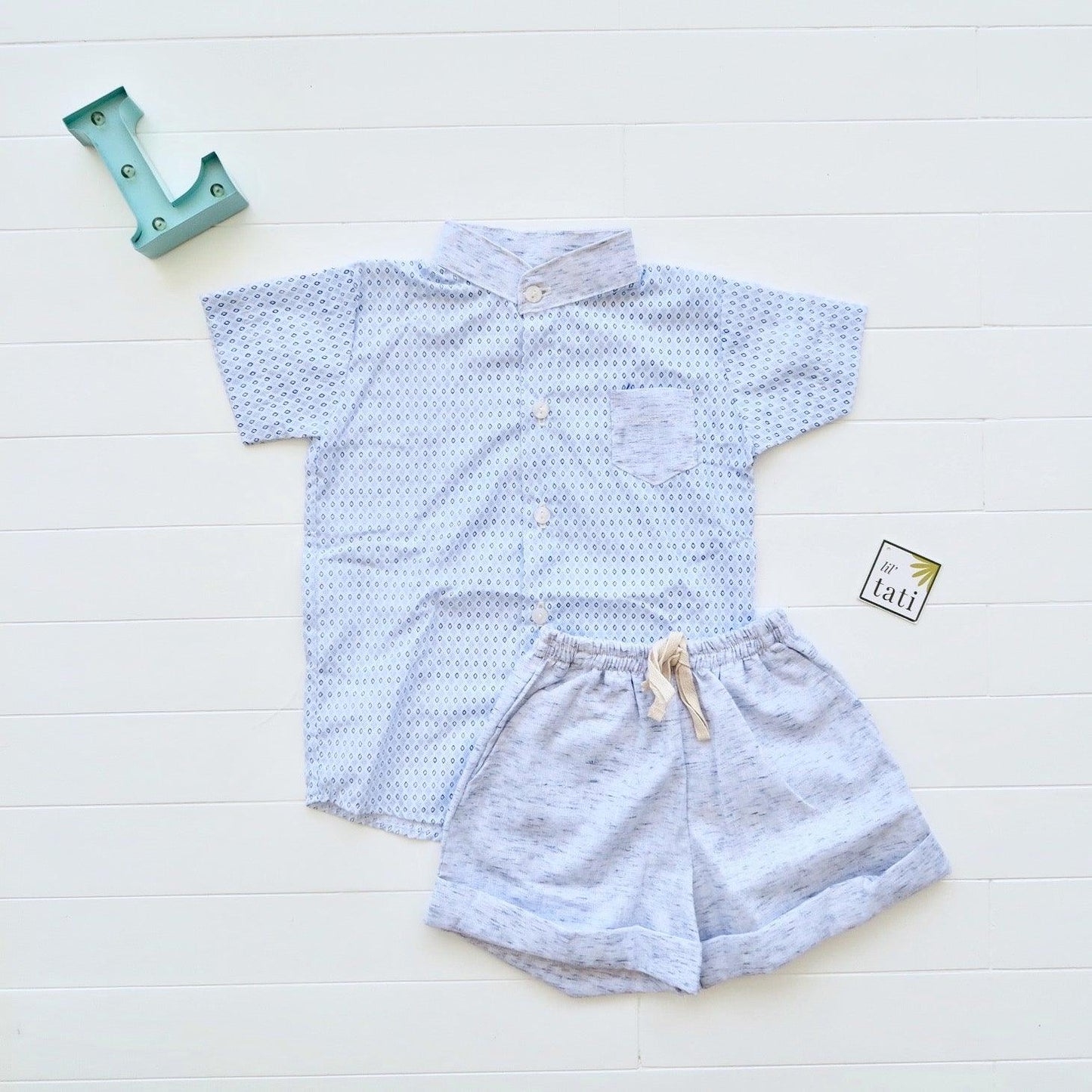 Cedar Top & Shorts in Blue Diamonds and Blue Kohibo - Lil' Tati