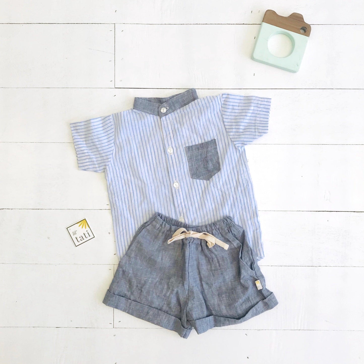 Cedar Top & Shorts in Placid Blue Stripes Linen and Gray Linen - Lil' Tati
