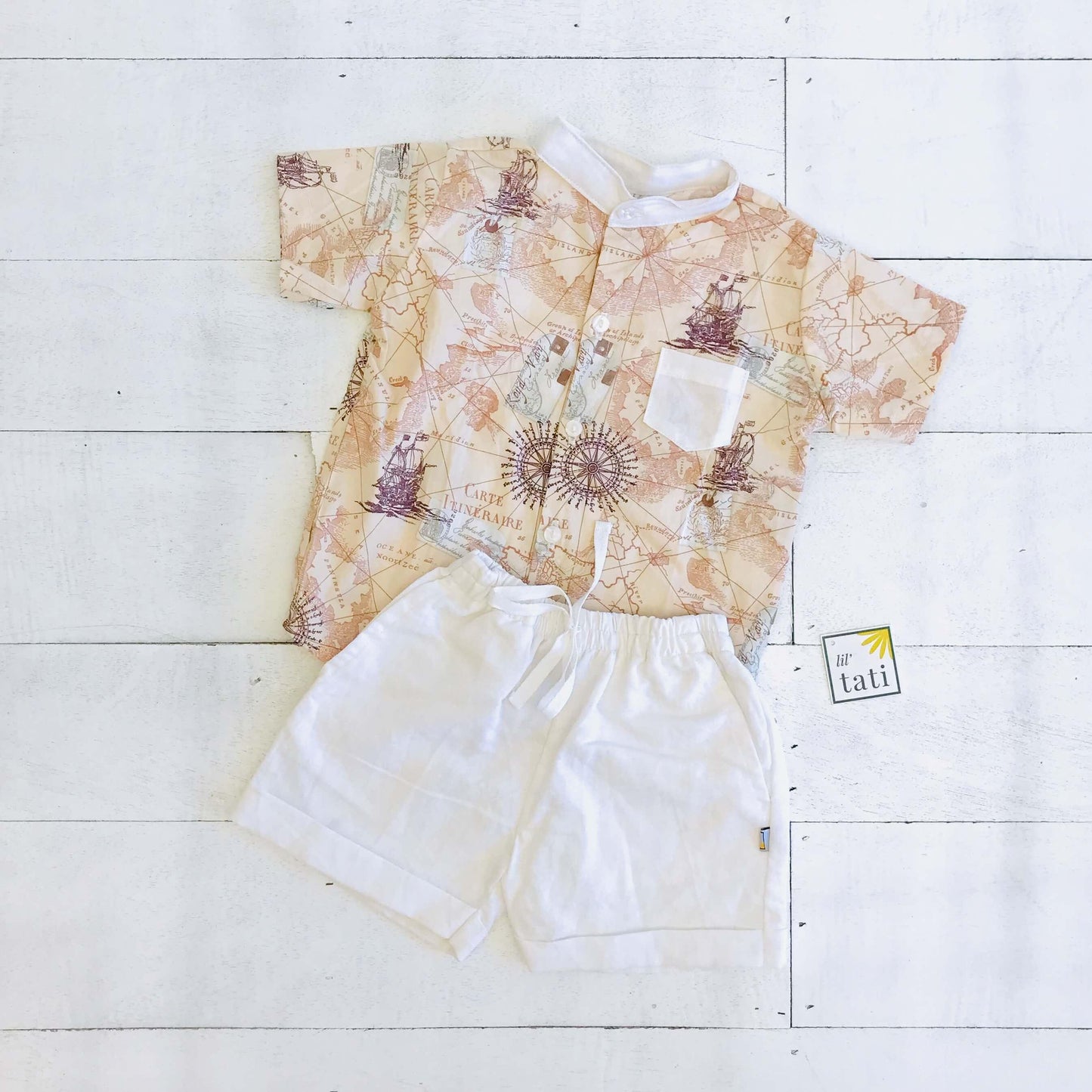 Cedar Top & Shorts in Bon Voyage Brown Print and White Linen - Lil' Tati