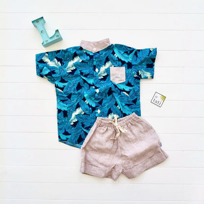 Cedar Top & Shorts in Hawaiian Blue Leaves and Brown Linen - Lil' Tati