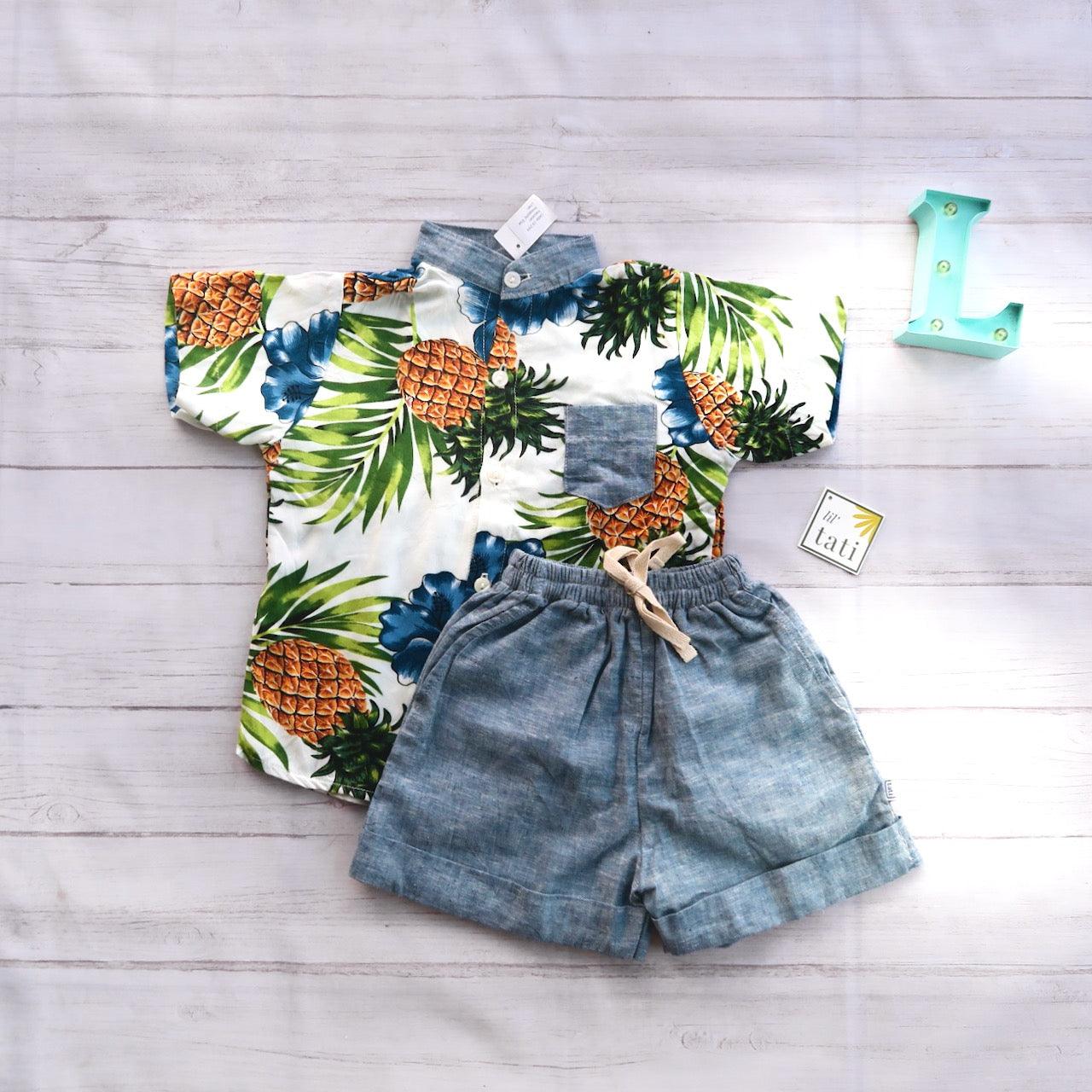 Cedar Top & Shorts in Pineapple White and Blue Linen - Lil' Tati