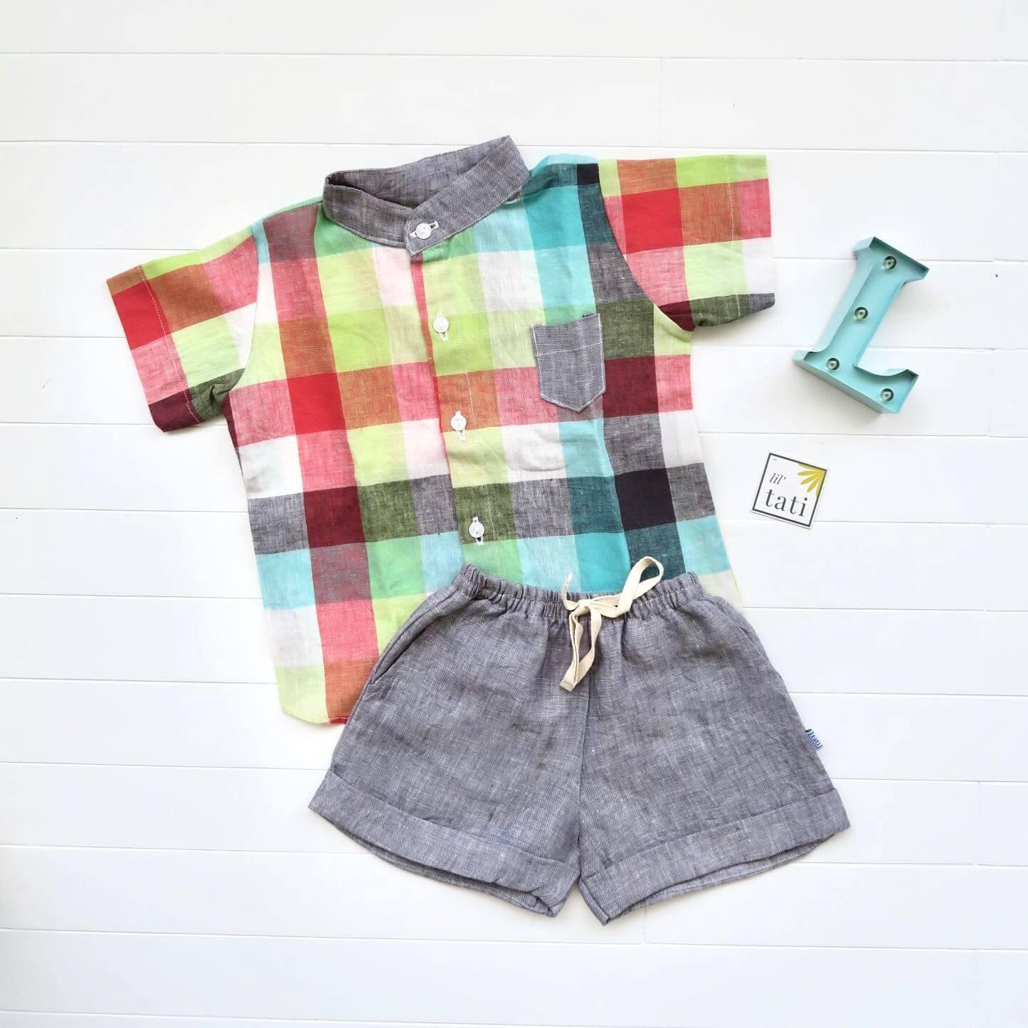 Cedar Top & Shorts in Playful Checkered and Gray Linen - Lil' Tati