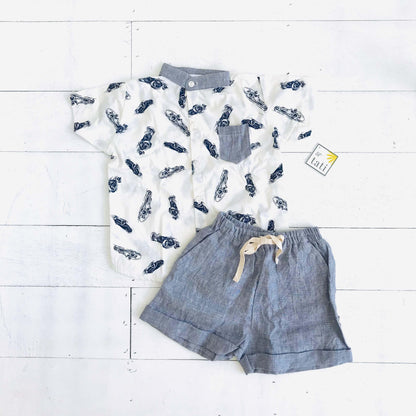 Cedar Top & Shorts in Race Car Print and Gray Linen - Lil' Tati