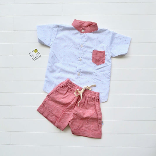 Cedar Top & Shorts in Red Dots on Blue and Red Linen - Lil' Tati