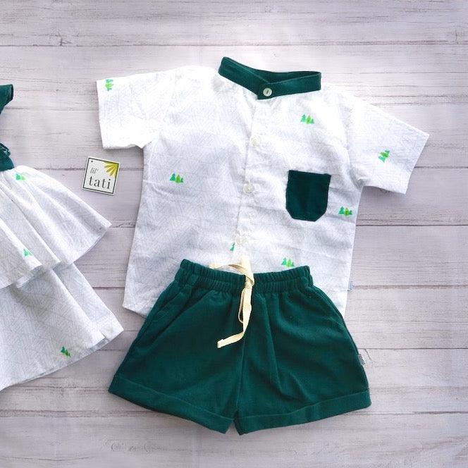 Cedar Top & Shorts in Trees White and Green Linen - Lil' Tati