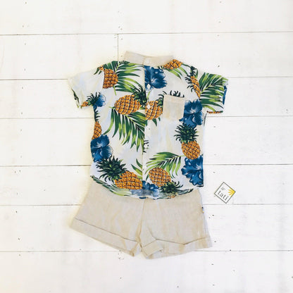 Cedar Top & Shorts in Pineapple White and Beige Linen - Lil' Tati