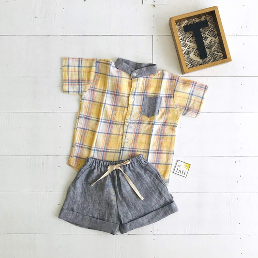 Cedar Top & Shorts in Yellow Plaid and Gray Linen - Lil' Tati