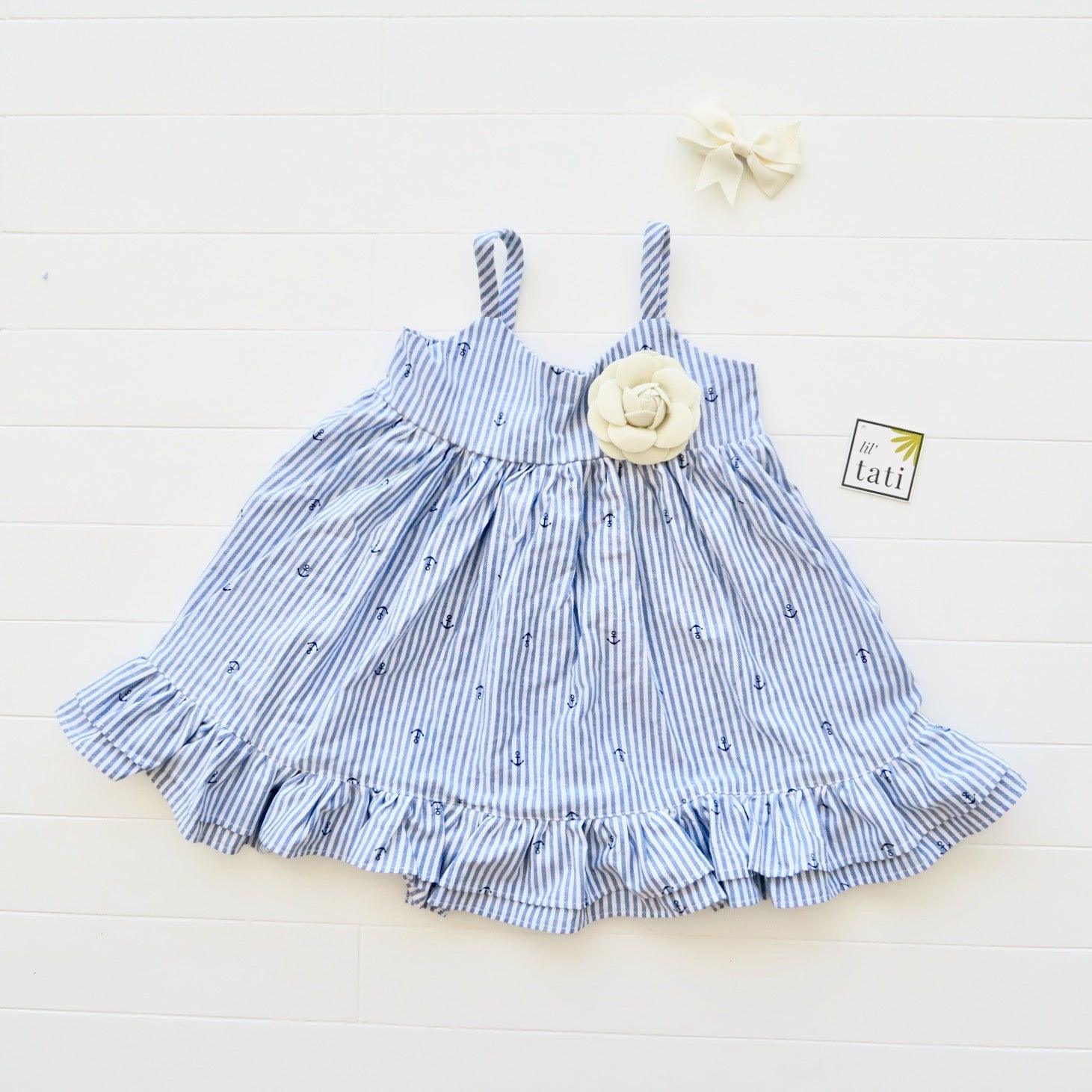 Dahlia Dress in Anchor Stripes Blue - Lil' Tati