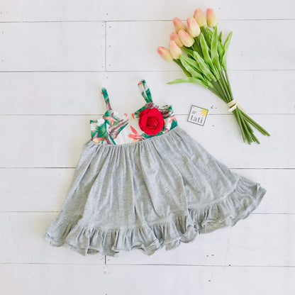 Dahlia Dress in Birds of Paradise and Gray Stretch - Lil' Tati