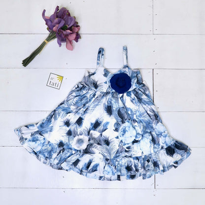 Dahlia Dress in Blue Feather Sateen Print - Lil' Tati