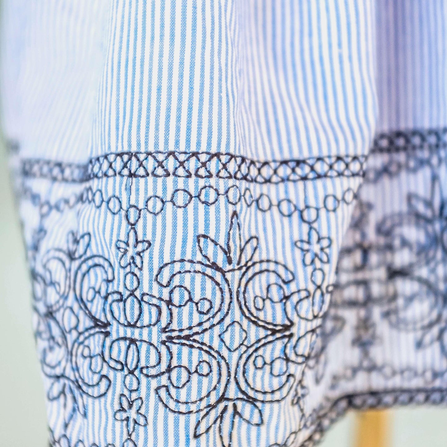 Dahlia Dress in Blue Stripes Panel Embroidery - Lil' Tati